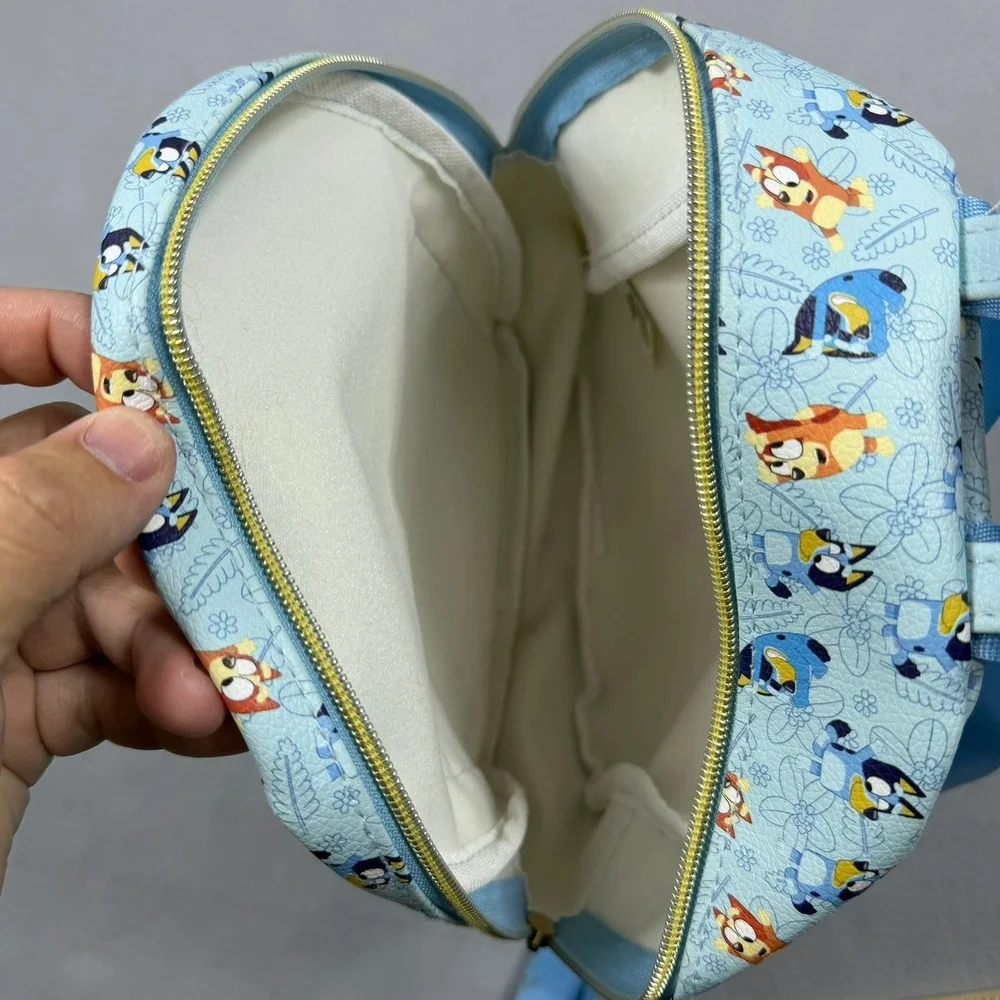 Bluey and Bingo All Over Print Mini Backpack Light Blue Gold Zipper Pocket
